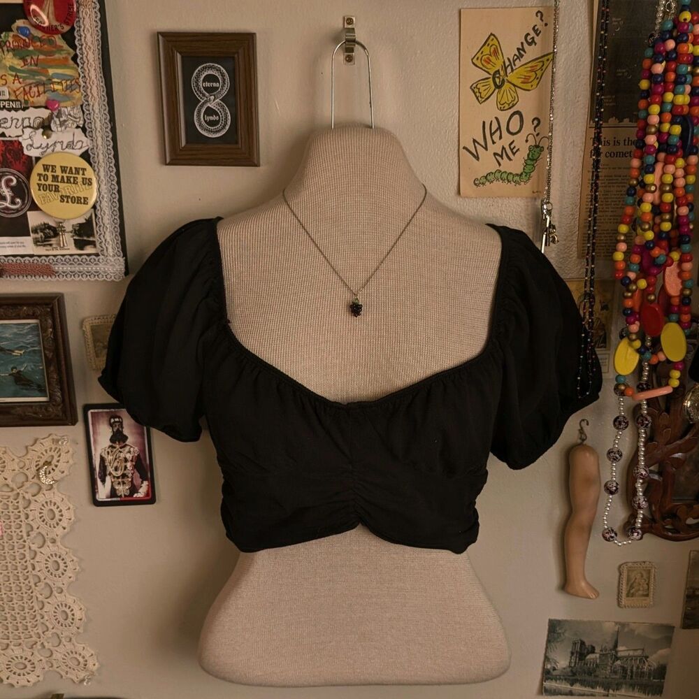 Cropped Puff Sleeve Top Women's Medium Black
